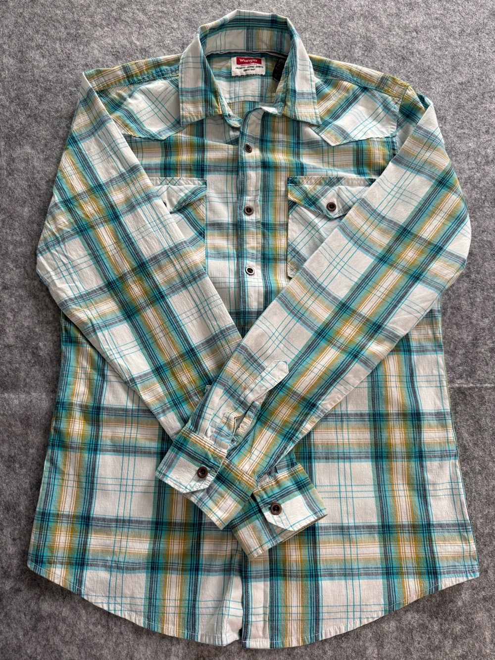 Wrangler Teal, Yellow & White Plaid Button-Down Shirt